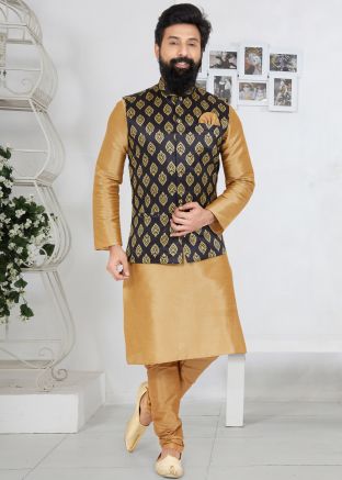 Brown Kurta Pajama With Black Printed Nehru Jacket