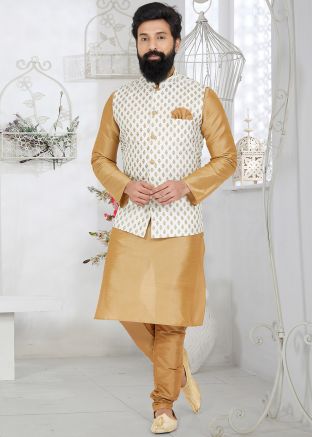 Brown Kurta Pajama With White Printed Nehru Jacket