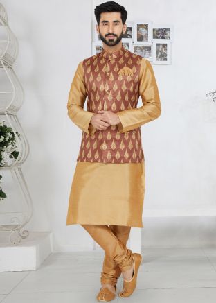 Men Brown Kurta Pajama With Printed Nehru Jacket