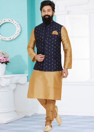 Men Brown Kurta Pajama With Navy Blue Nehru Jacket
