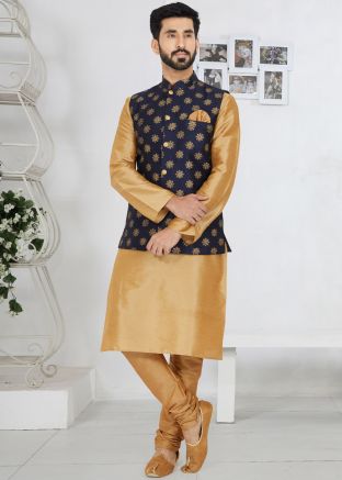 Readymade Brown Kurta Pajama With Printed Nehru Jacket