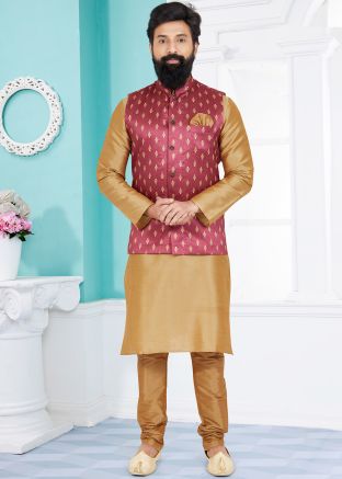 Readymade Brown Kurta Pajama With Printed Nehru Jacket