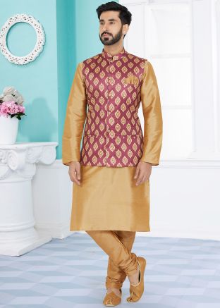 Brown Kurta Pajama With Pink Nehru Jacket