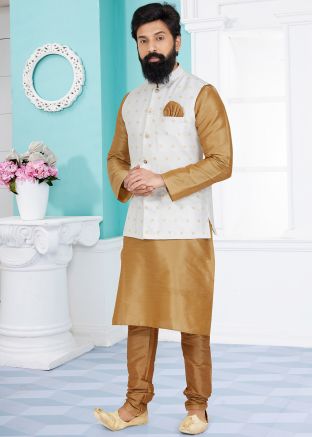 Brown Kurta Pajama With White Nehru Jacket
