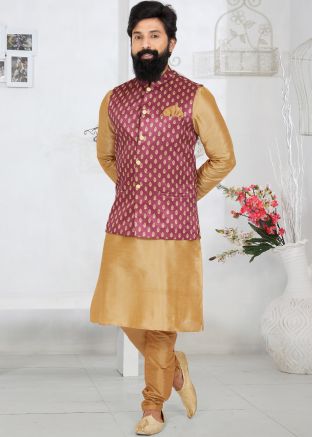 Brown Kurta Pajama With Pink Printed Nehru Jacket