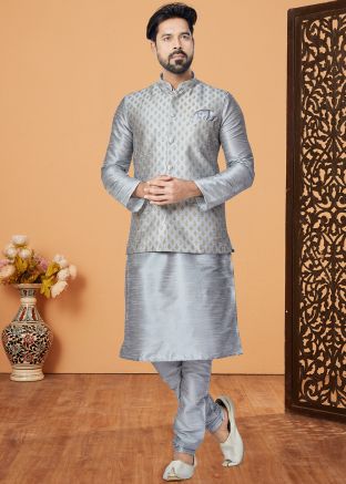 Grey Kurta Pajama With Printed Nehru Jacket