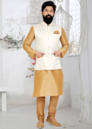 Brown Kurta Pajama With Printed Nehru Jacket