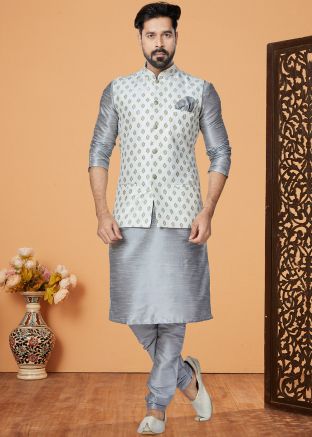 Grey Kurta Pajama With Off White Printed Nehru Jacket