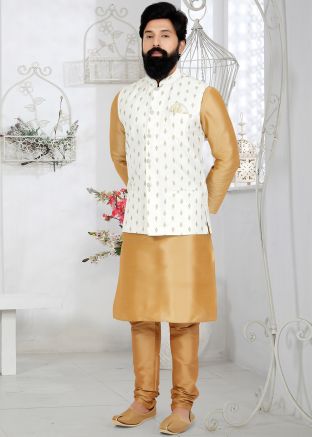Brown Kurta Pajama With White Printed Nehru Jacket