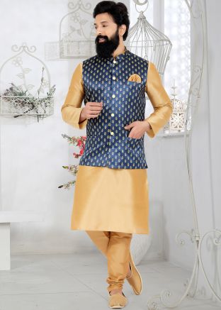Brown Kurta Churidar With  Navy Blue Nehru Jacket