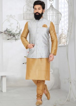 Brown Kurta Churidar With Grey Nehru Jacket