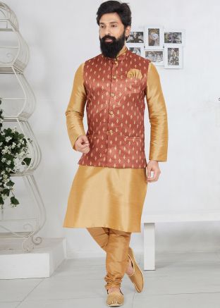 Brown Kurta Pajama Set With Nehru Jacket