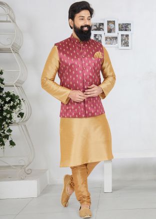 Brown Kurta Pajama With Pink Printed Nehru Jacket