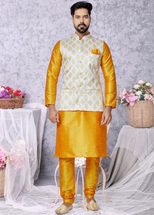 Yellow Kurta Pajama With Printed Nehru Jacket