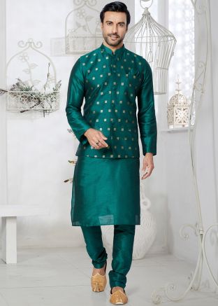Teal Green Kurta Pajama With Nehru Jacket