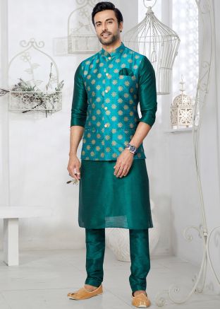 Teal Green Kurta Pajama With Printed Nehru Jacket