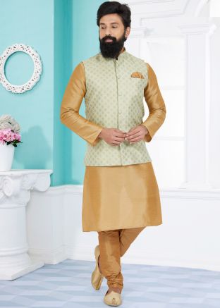 Brown Kurta Pajama Set With Woven Nehru Jacket