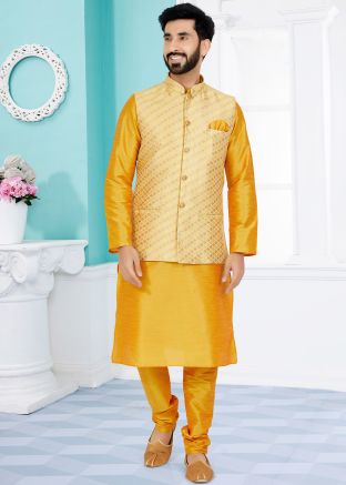 Yellow Kurta Pajama Set With Nehru Jacket