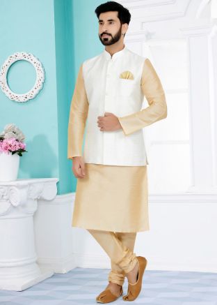 Cream Kurta Pajama Set With Woven Nehru Jacket