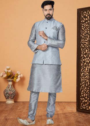 Grey Kurta Pajama Set With Woven Nehru Jacket