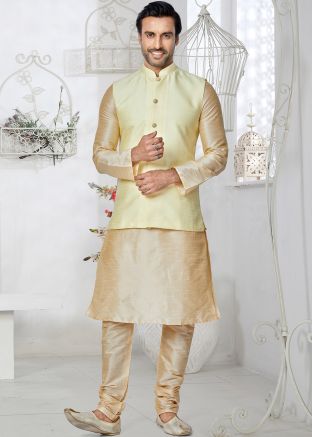 Cream Kurta Pajama With Woven Nehru Jacket