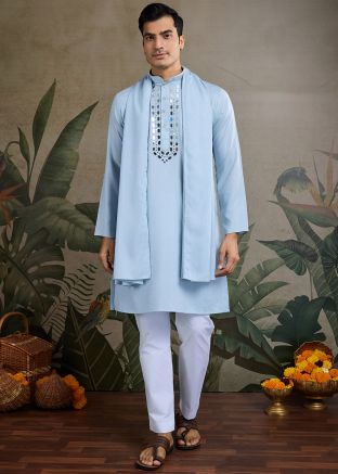 Blue Mirror Work Men Kurta In Viscose
