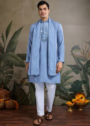 Blue Mirror Work Kurta In Viscose