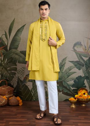 Yellow Embroidered Men Kurta In Viscose