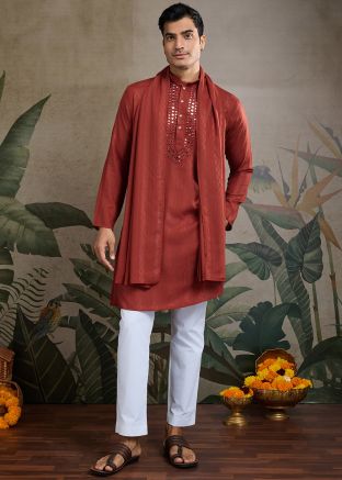 Rust Orange Mirror Work Kurta For Men