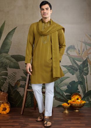Readymade Yellow Mirror Work Men Kurta
