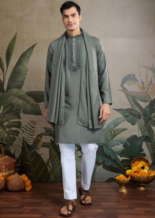 Grey Embellished Readymade Men Kurta