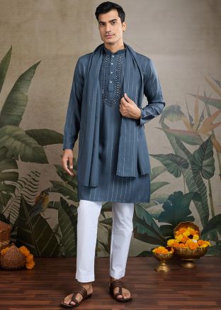 Blue Embellished Readymade Men Kurta