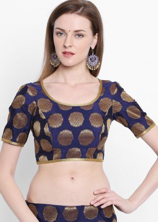 Shop Navy Blue Brocade Woven Readymade Blouse Online Shopping