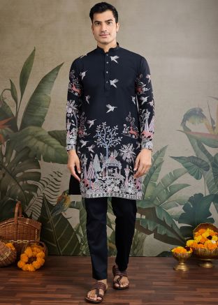 Black Embroidered Men Kurta In Viscose