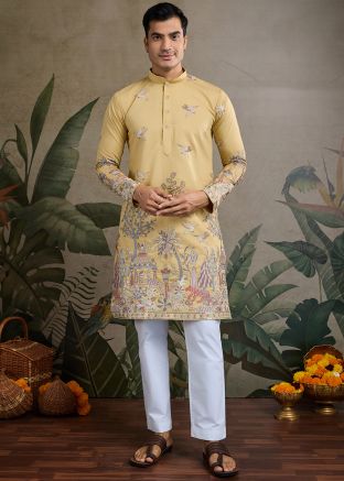 Yellow Embroidered Men Kurta In Viscose