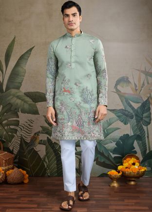 Green Embroidered Men Kurta In Viscose