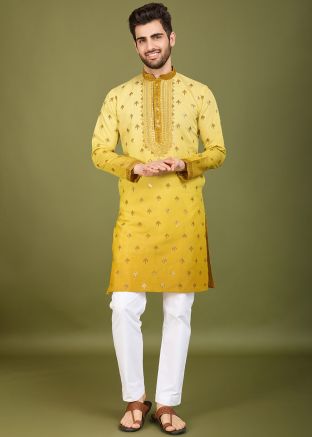 Readymade Shaded Yellow Embroidered Men Kurta