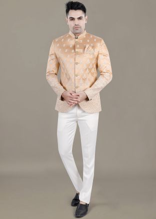 Golden Embroidered Men Bandhgala Jodhpuri In Rayon