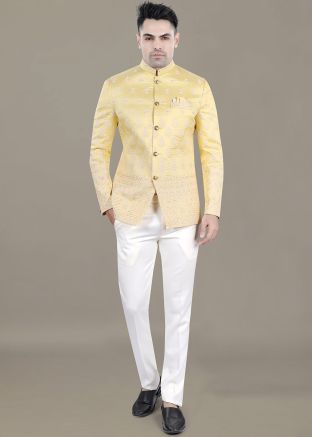 Golden Embroidered Men Bandhgala Jodhpuri In Rayon