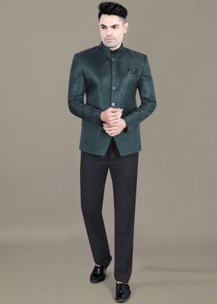 Teal Blue Woven Bandhgala Jodhpuri Suit