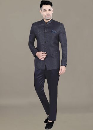 Blue Woven Men Bandhgala Jodhpuri Suit