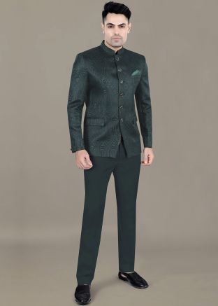 Green Woven Men Bandhgala Jodhpuri Suit