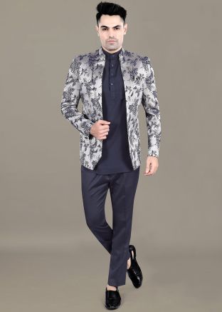 Blue Kurta Pajama With Woven Bandhgala Jodhpuri Suit