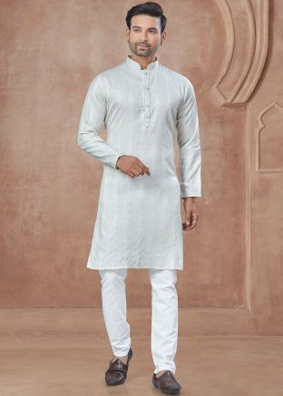 White Zari Work Kurta Pajama In Cotton