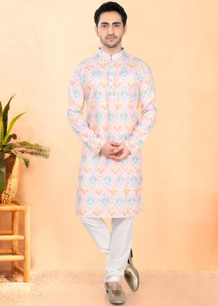 Pink Printed Men Kurta Pajama In Cotton