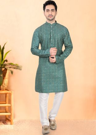 Green Embroidered Men Kurta Pajama Set