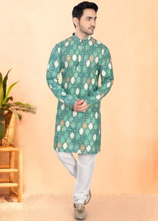 Green Bandhani Print Men Kurta Pajama