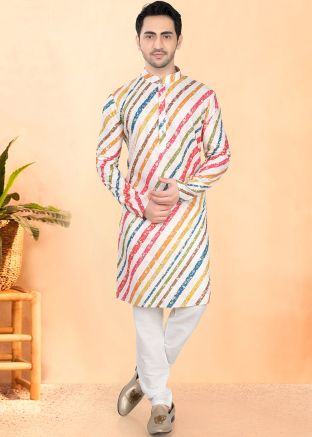 Cream Printed Men Kurta Pajama Set