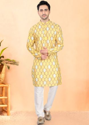 Yellow bandhej Print Men Kurta With Pajama