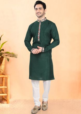 Green Art Silk Men Kurta With Pajama